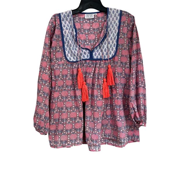 J. Crew SZ Blockprint Tunic Boho Tassel Top Cotton Peasant Blouse Size Small - Picture 1 of 8